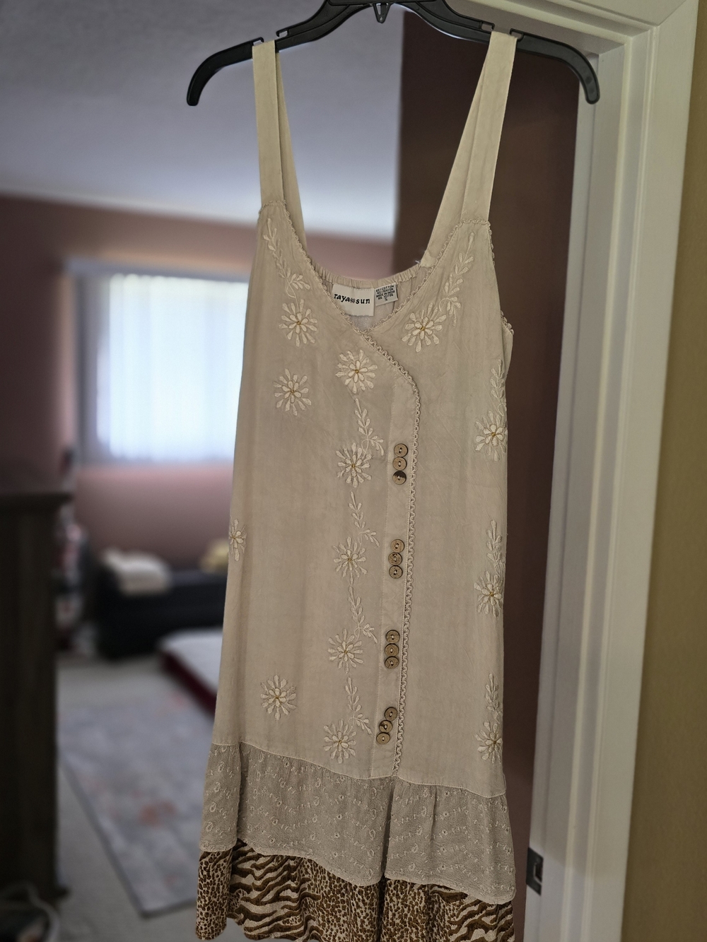 raya sun Beige Embroidered Maxi Dress with Animal Print Hem